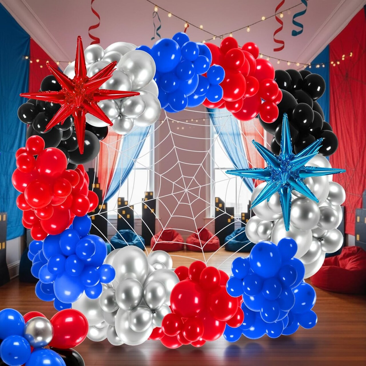 332PCS Spider Balloon Arch Kit with White Web – Red, Blue, Black & Silver Balloon Garland (5–18 Inch) for Superhero, Baby Shower, Birthday & Party Decorations
